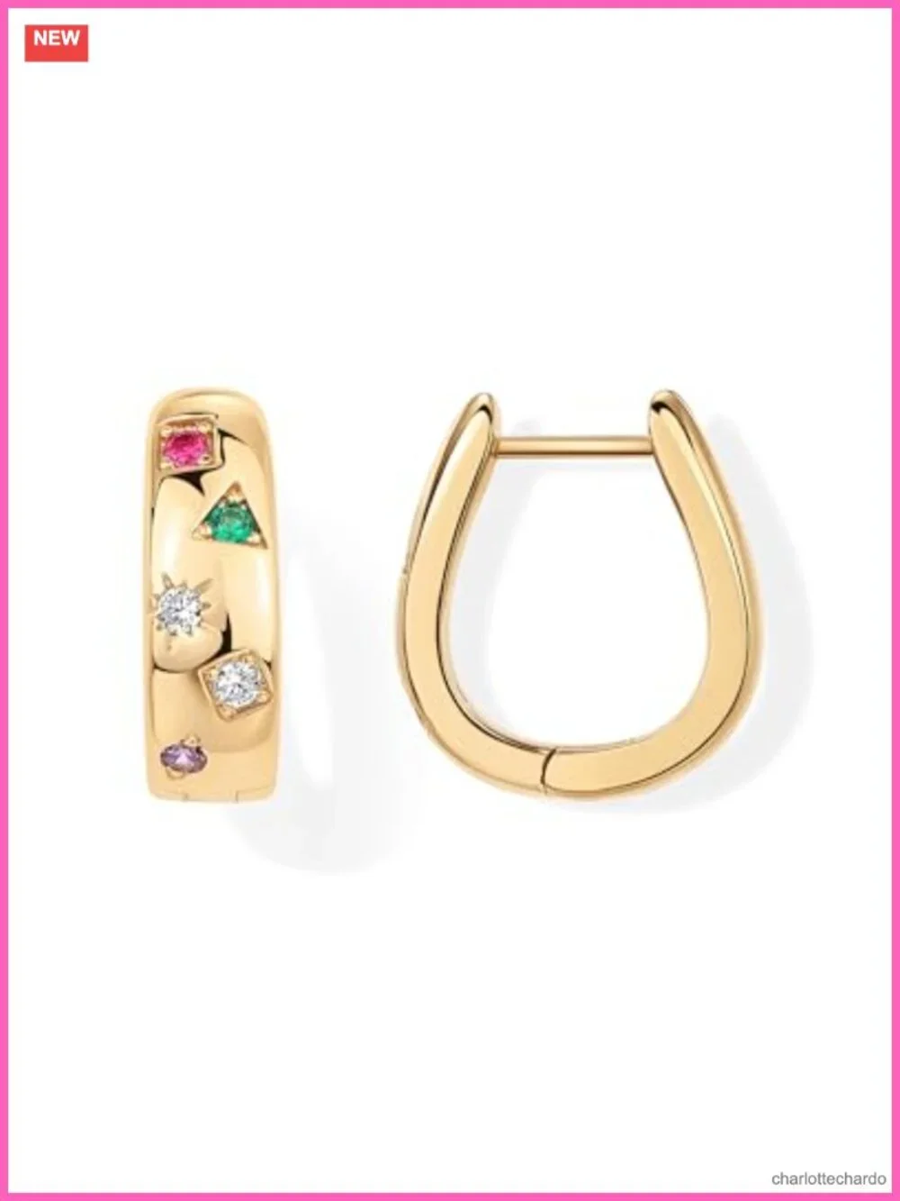 14K Gold Plated Chunky Hoop Earrings with Multicolor CZ for Women